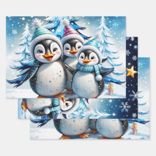 Three adorable penguins wrapping paper sheets