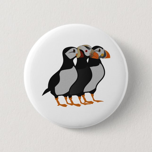 Three Adorable Puffin Standing Together Cartoon Button (Front)