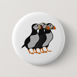 Three Adorable Puffin Standing Together Cartoon Button