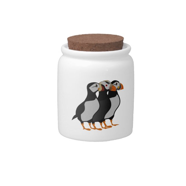 Three Adorable Puffin Standing Together Cartoon Candy Jar (Front)