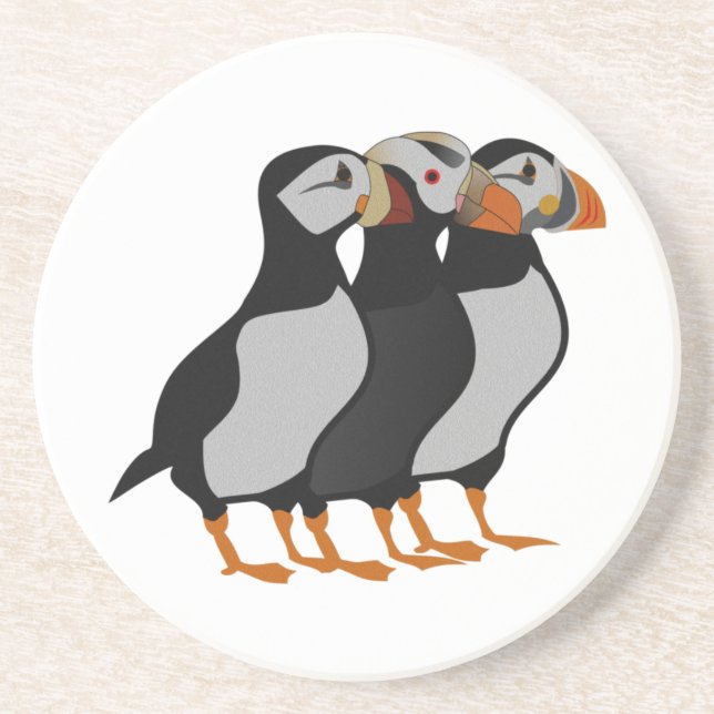Three Adorable Puffin Standing Together Cartoon Coaster (Front)