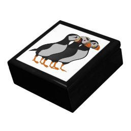 Three Adorable Puffin Standing Together Cartoon Gift Box