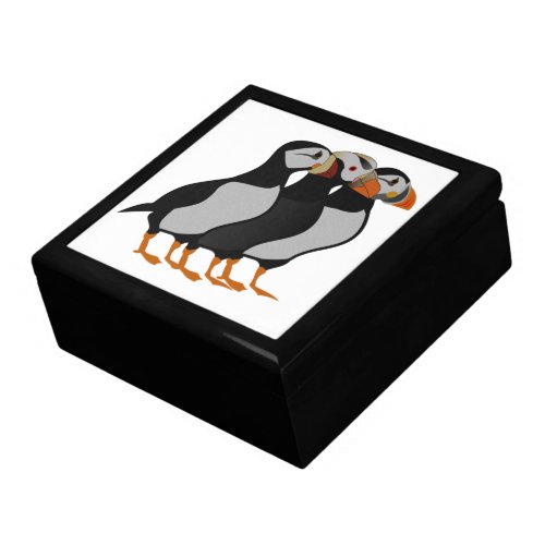 Three Adorable Puffin Standing Together Cartoon Gift Box