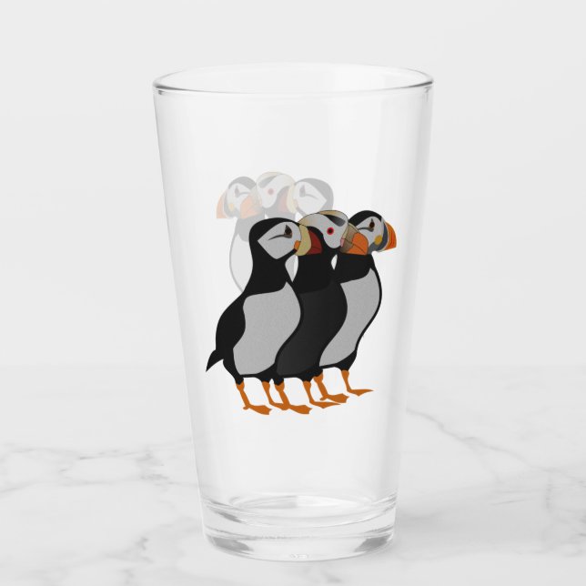 Three Adorable Puffin Standing Together Cartoon Glass (Front)