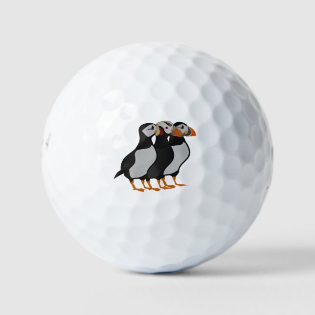 Three Adorable Puffin Standing Together Cartoon Golf Balls (Front)