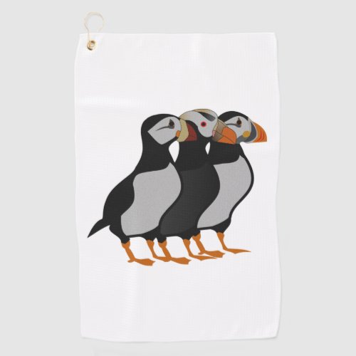 Three Adorable Puffin Standing Together Cartoon Golf Towel