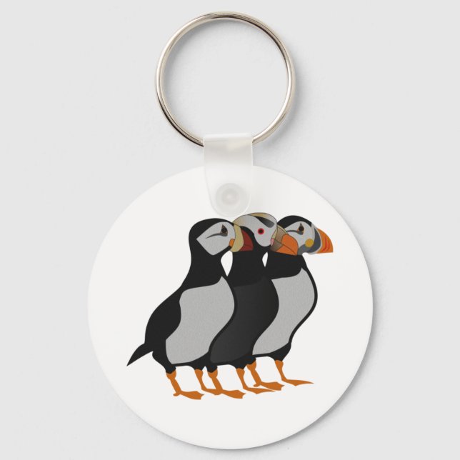 Three Adorable Puffin Standing Together Cartoon Keychain (Front)