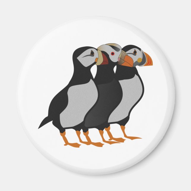 Three Adorable Puffin Standing Together Cartoon Magnet (Front)