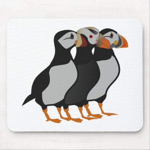 Three Adorable Puffin Standing Together Cartoon Mouse Pad