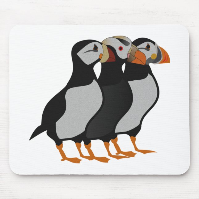 Three Adorable Puffin Standing Together Cartoon Mouse Pad (Front)