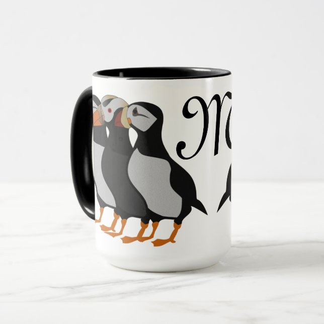 Three Adorable Puffin Standing Together Cartoon Mug (Front Left)