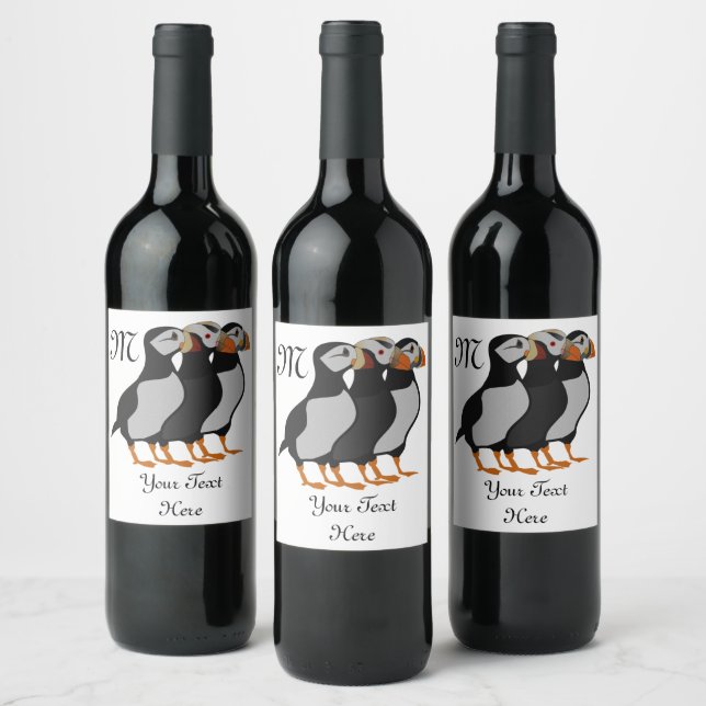 Three Adorable Puffin Standing Together Cartoon Wine Label (Bottles)
