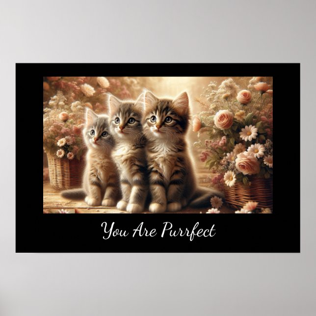 Three Adorable Tabby Kittens with Flowers Poster (Front)