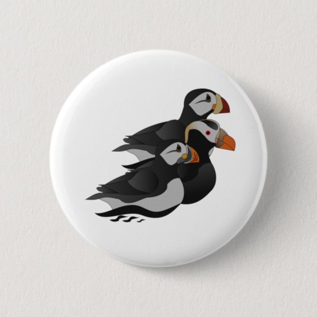 Three Adorably Friendly Puffins Swimming Cartoon Button (Front)
