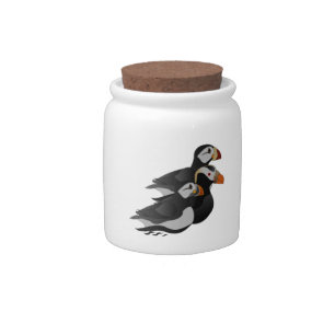 Three Adorably Friendly Puffins Swimming Cartoon Candy Jar