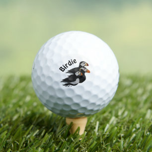 Three Adorably Friendly Puffins Swimming Cartoon Golf Balls