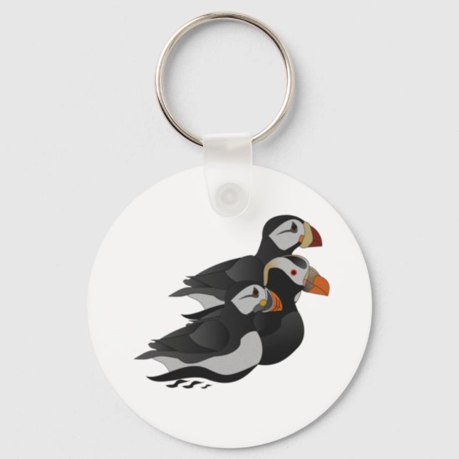 Three Adorably Friendly Puffins Swimming Cartoon Keychain (Front)