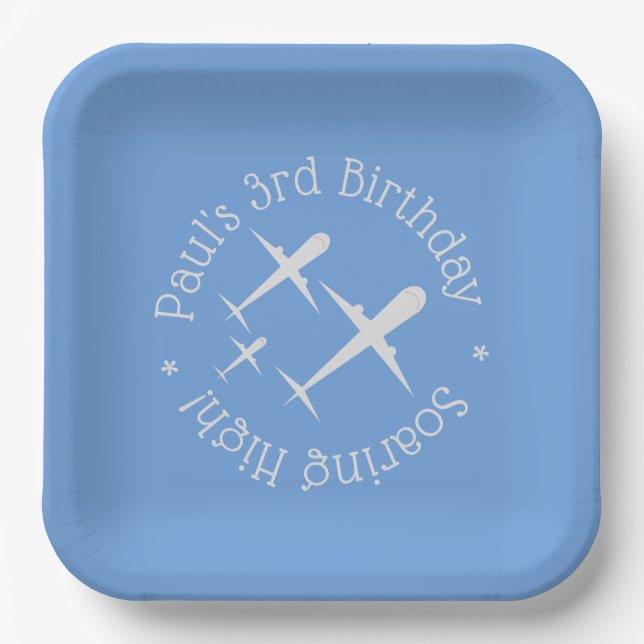 Three Airplanes on Blue Elegant Fun, Personalized Paper Plates (Front)
