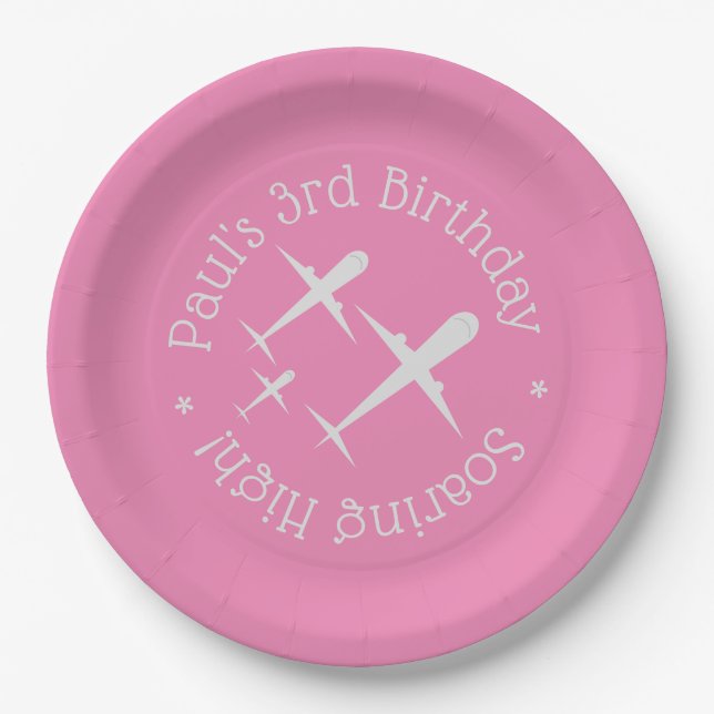 Three Airplanes on Pink Elegant Fun, Personalized Paper Plates (Front)