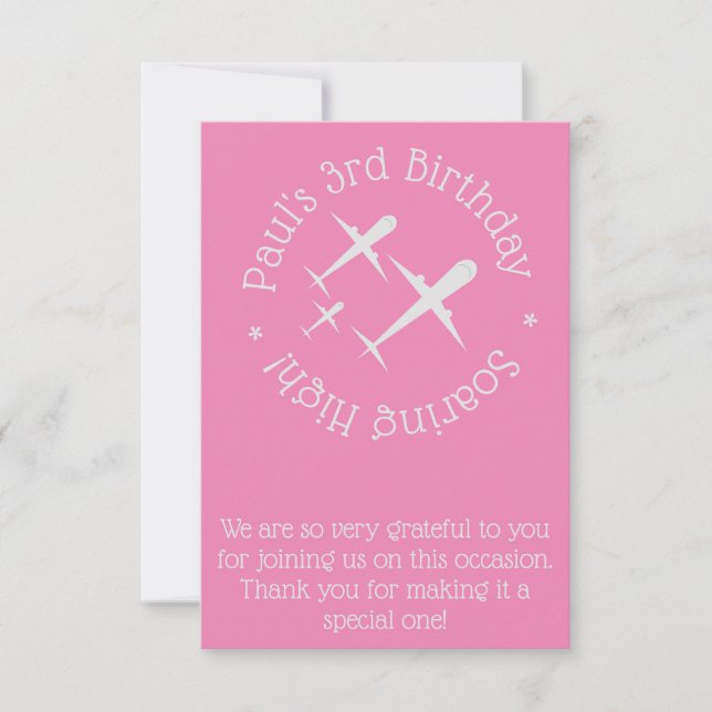 Three Airplanes on Pink Fun & Elegant Personalized Thank You Card (Front)