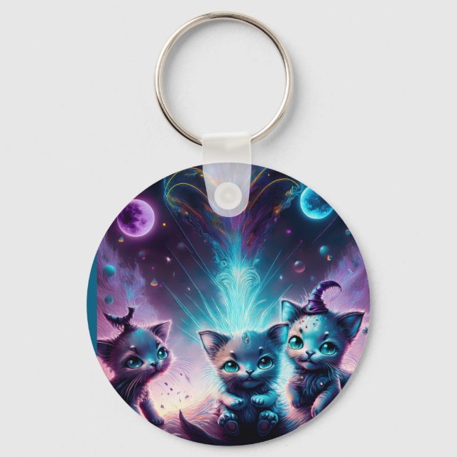 Three Alien Kittens In An Otherworldly Setting Keychain (Front)