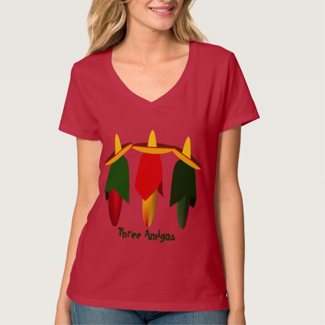 Three Amigo Hot Peppers Ladies Red T-shirt (Front)