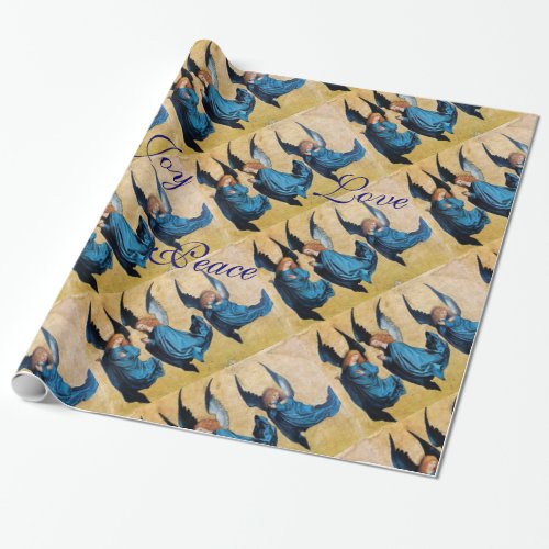 THREE ANGELS IN BLUE  CHRISTMAS JOY PEACE LOVE WRAPPING PAPER
