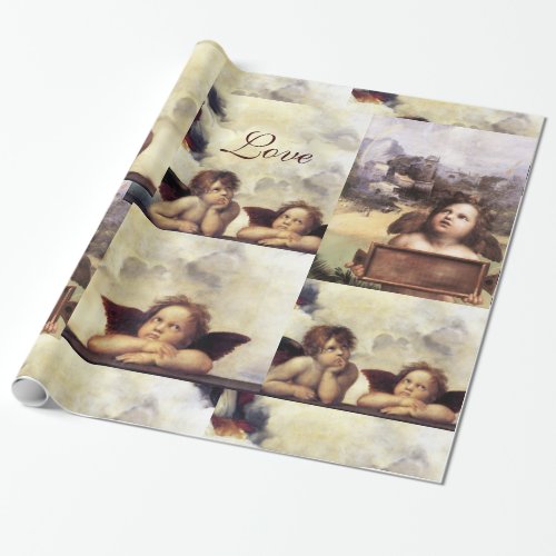 THREE ANGELS IN BLUE  CHRISTMAS JOY PEACE LOVE WRAPPING PAPER