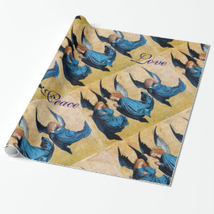 THREE ANGELS IN BLUE CHRISTMAS JOY PEACE LOVE WRAPPING PAPER