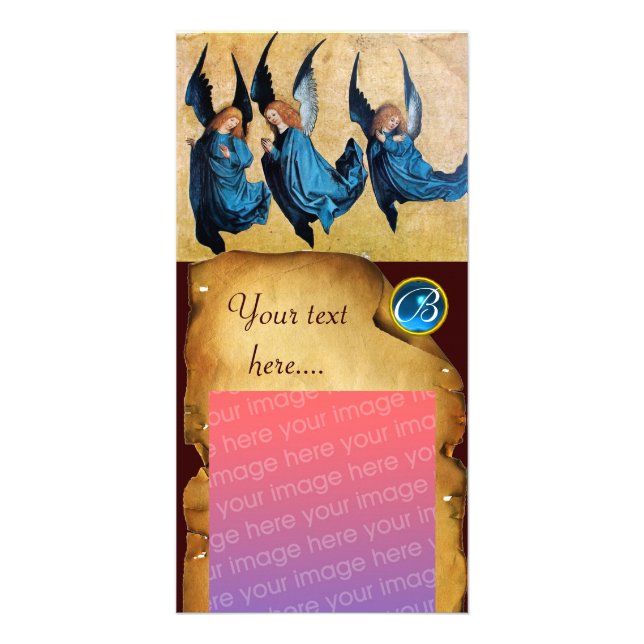 THREE ANGELS IN BLUE  PARCHMENT Sapphire Monogram Card (Front)