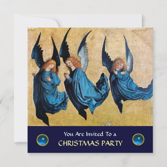 THREE ANGELS IN BLUE ,Sapphire ,linen Invitation (Front)