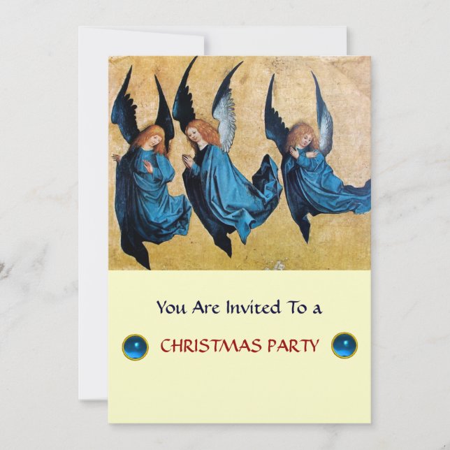 THREE ANGELS IN BLUE ,Sapphire,silver metallic Invitation (Front)