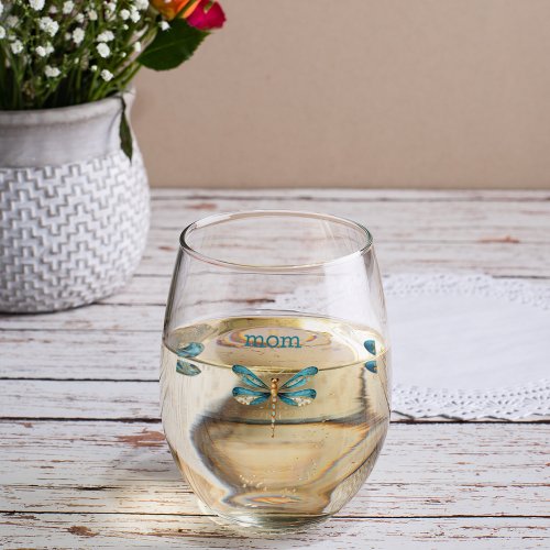 Three Aqua and Gold Whimsical Dragonfly  Stemless Wine Glass