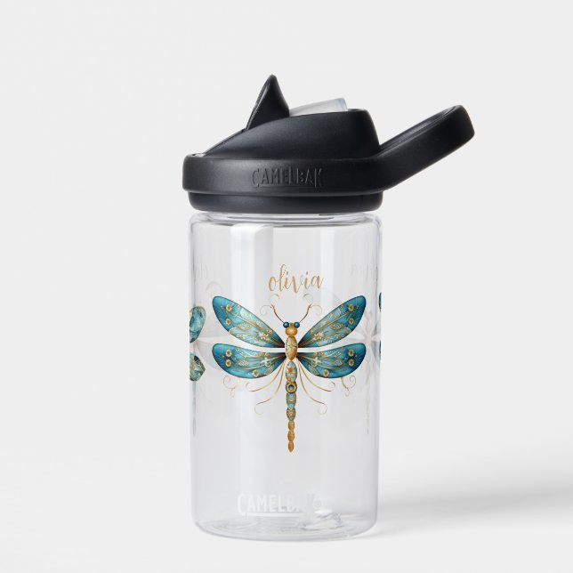 Three Aqua and Gold Whimsical Dragonfly  Water Bottle (Left)