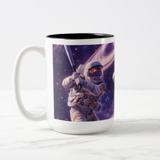 Three Astronauts Playing baseball on Space Rings Two-Tone Coffee Mug (Left)
