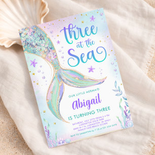 Three at the Sea Mermaid 3rd Birthday Invitation