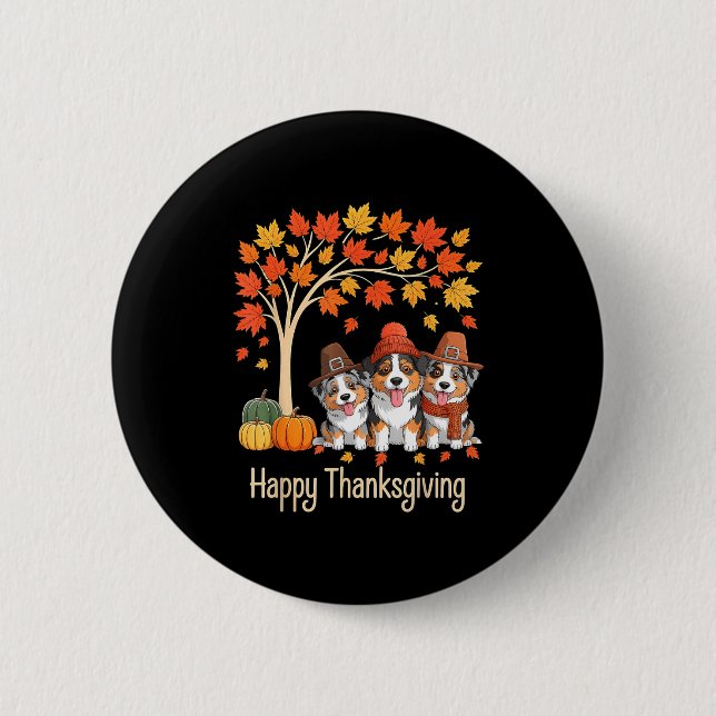 Three Australian Shepherd Dogs Fall Tree Happy Tha Button (Front)