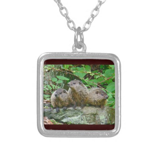 Three Baby Groundhogs Silver Plated Necklace