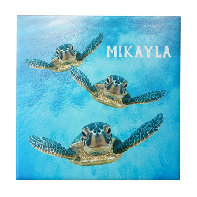 Three Baby Sea Turtles Swimming Ceramic Tile (Front)