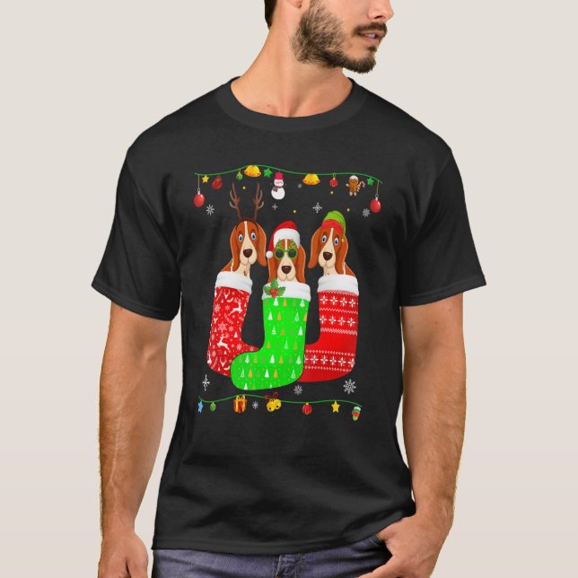 Three Basset Hound Dog In Christmas Socks Matching T-Shirt (Front)