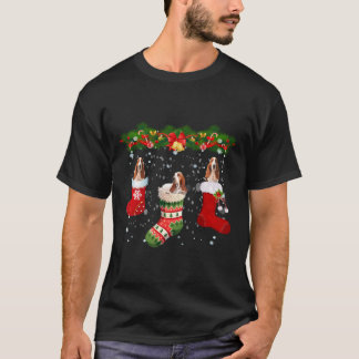 Three Basset Hound Dog In Sock Christmas Santa Hat T-Shirt