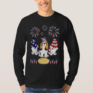 Three Basset Hound Dogs Dance Us Flag Firework Cak T-Shirt