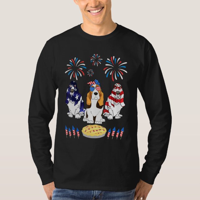 Three Basset Hound Dogs Dance Us Flag Firework Cak T-Shirt (Front)