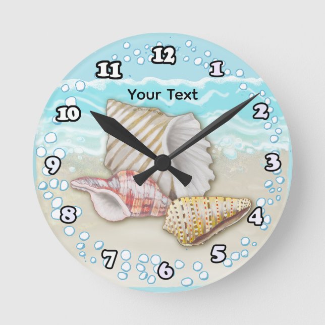 Three Beach Seashells Round Clock (Front)