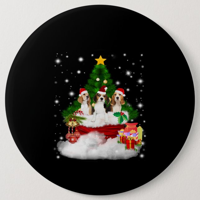 Three Beagles Santa Claus With Christmas Tree Button (Front)