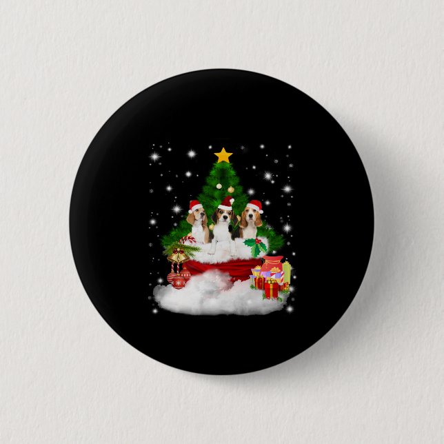 Three Beagles Santa Claus With Christmas Tree Button (Front)