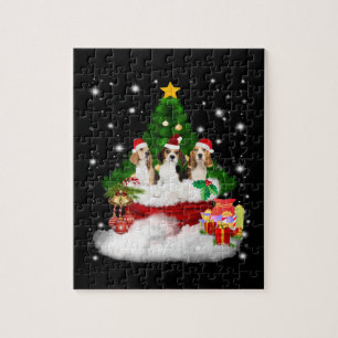 Three Beagles Santa Claus With Christmas Tree Jigsaw Puzzle
