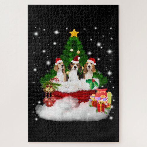 Three Beagles Santa Claus With Christmas Tree Jigsaw Puzzle