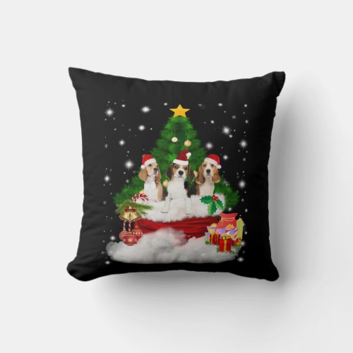 Three Beagles Santa Claus With Christmas Tree Throw Pillow
