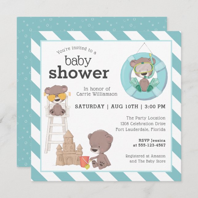 Three Bears at the Beach Baby Shower for Boy Invitation (Front/Back)